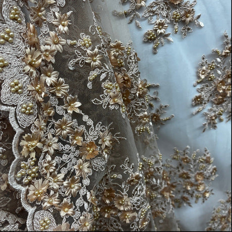 Beaded 3D Floral Lace Fabric - 3D Floral Beaded Embroidery, 50" Wide (1 Yard)