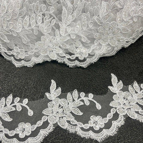 Beaded & Corded Lace Trimming Embroidered On 100% Polyester Net Mesh - Beaded Corded Embroidered Lace Fabric, 3" Wide, Gold, Ivory, Silver, White (1 Yard)