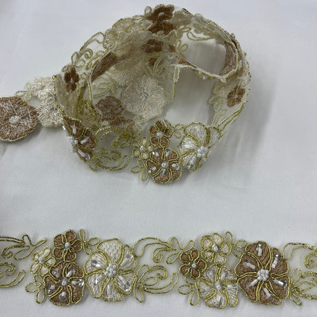 Beaded And Corded Floral Lace Trim Polyester Fabric - Embroidered On Organza, 1.5" Width, 10 Colors (1 Yard)