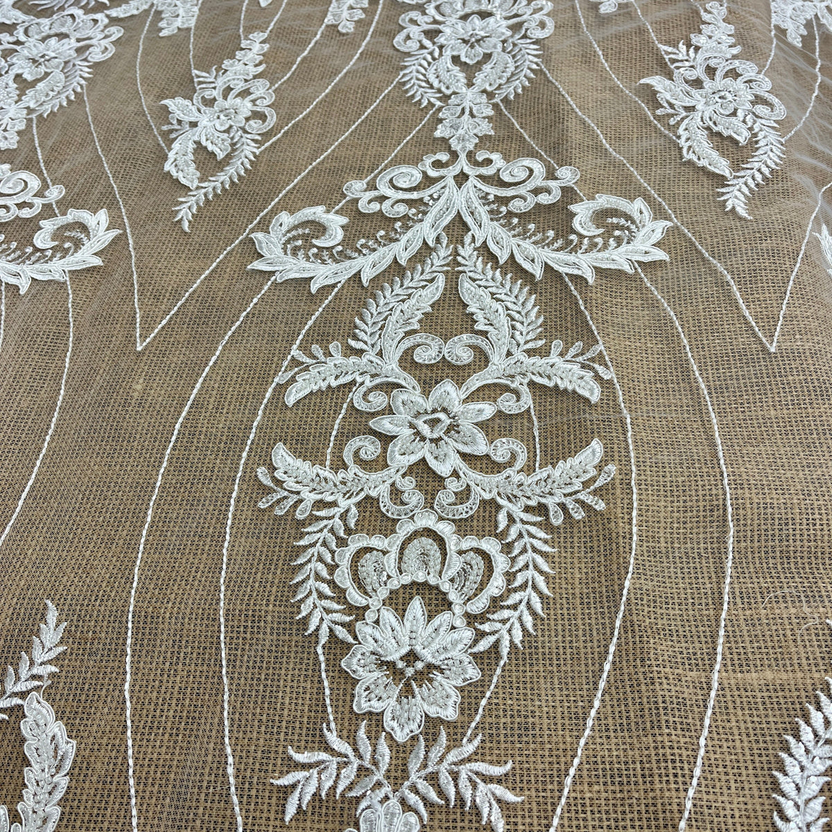 1 Yard Elegant Beaded & Corded Embroidered Bridal Lace on Polyester Mesh, GD-55519