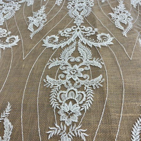 1 Yard Elegant Beaded & Corded Embroidered Bridal Lace on Polyester Mesh, GD-55519
