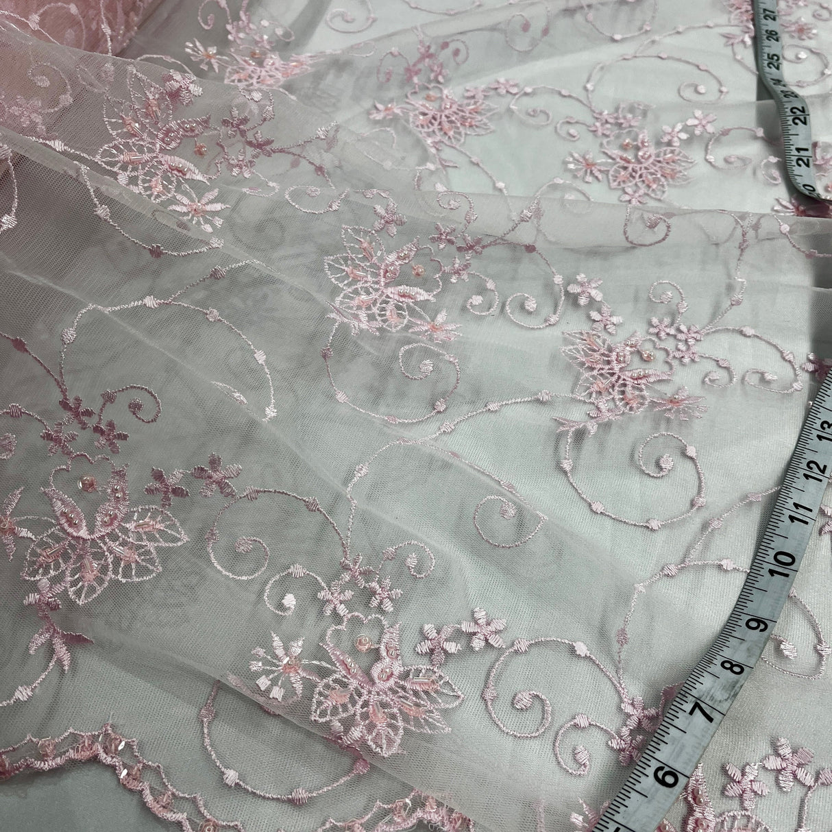 Beaded Lace Polyester Fabric - Embroidered Net Mesh, Lime Green, Pink, Brown, Ivory, 52" Width (1 Yard)