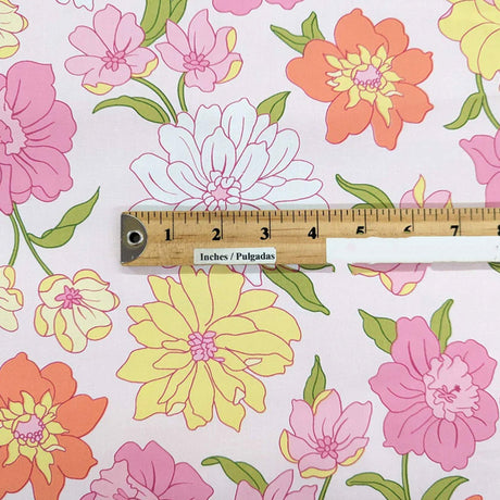 Blooming Garden Cotton Spandex Fabric - Floral Print, Pink, Dark Pink, Light Yellow, Coral, 44/45" Width (1 Yard)