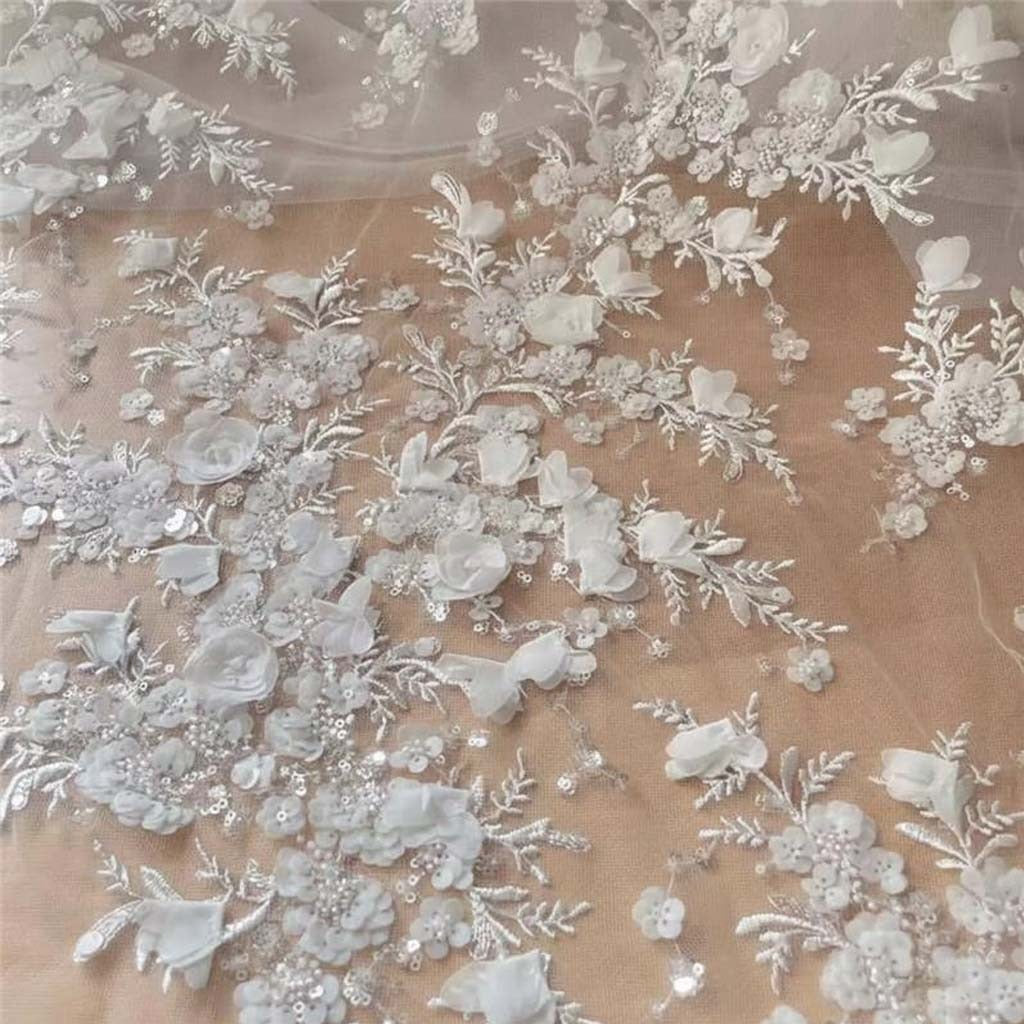 -White 3D Chiffon Flowers Beaded Sequins Embroidered Lace Fabric . Wedding Dress Shining Bride Fabric RS250481