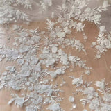 -White 3D Chiffon Flowers Beaded Sequins Embroidered Lace Fabric . Wedding Dress Shining Bride Fabric RS250481