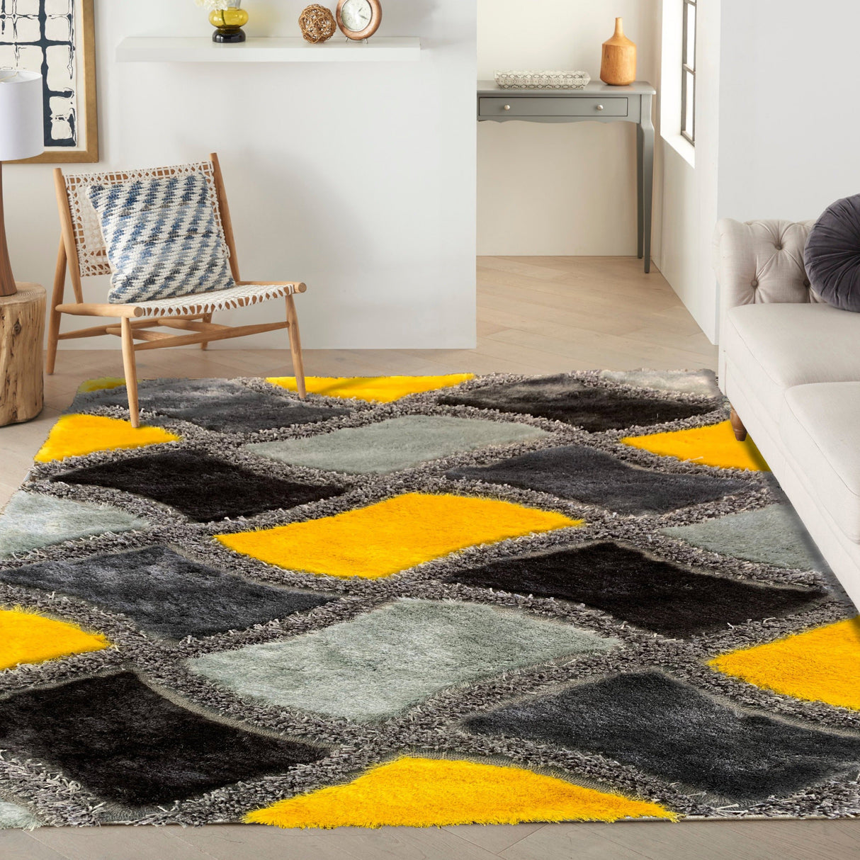 Plush Fluffy Soft Shinny Multi Textural Shag Rug - Yellow, Black, Gray, 1.5" High Pile (7'6" X 10'3")