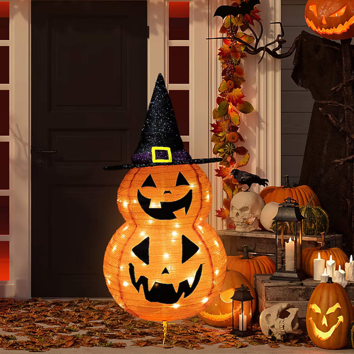 2.83 Feets Lighted Jack-o-Lantern Witch Hat Yard Decoration