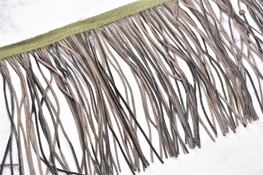 Faux Leather Fringe Trim Black Gray 6.25"