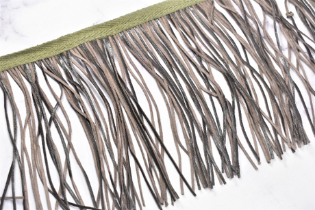 Faux Leather Fringe Trim Black Gray 6.25"