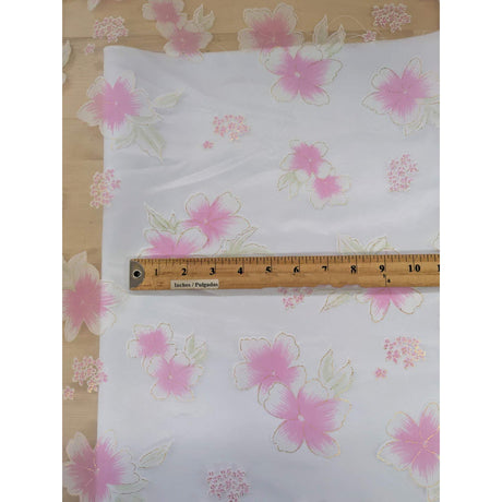 White Organza With Pink Flowers Polyester Organza Fabric - Pink Floral On White, Metallic Gold Outline, 58-59" Width (1 Yard)