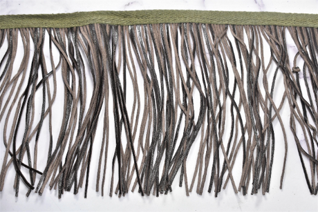 Faux Leather Fringe Trim Black Gray 6.25"