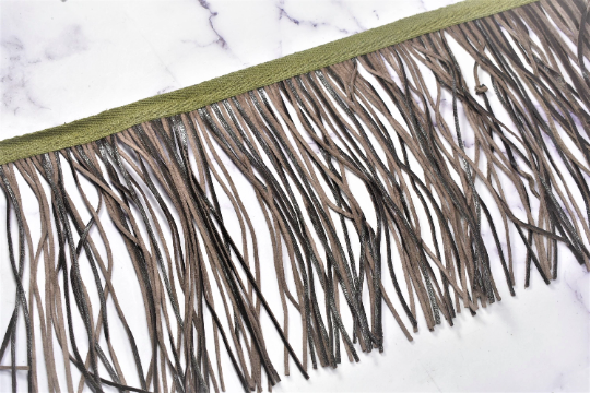 Faux Leather Fringe Trim Black Gray 6.25"