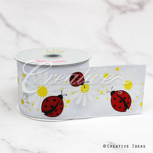 2 1/2" Wired Ladybug & Daisies Ribbon-10 Yds (White)