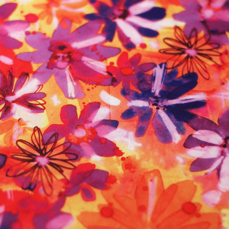 Crazy Daisy Polyester Spandex Fabric - Pink-Orange, Blue-Green Floral Print, 58-60" Width (1 Yard)