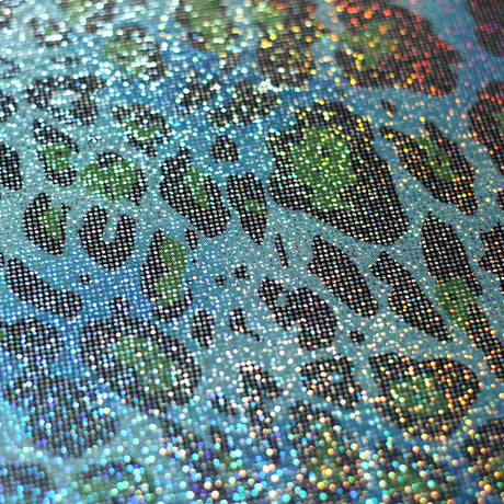 Iridescent Leopard Polyester Spandex Fabric - Pink, Aqua, Orange, Lime, Silver-Black Leopard Print, 58-60" Width, 200 GSM, 4-Way Stretch (1 Yard)