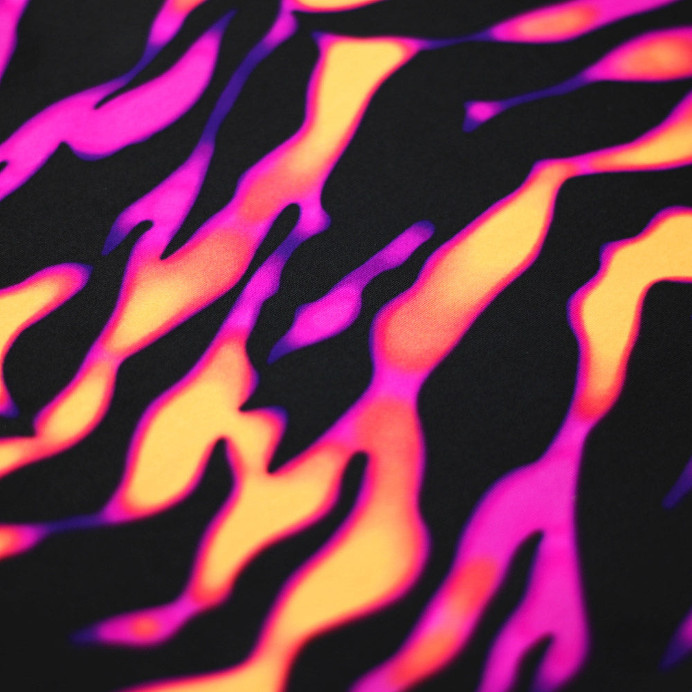Eye Of The Tiger Nylon Spandex Fabric - Blue/Green Or Pink/Orange Tiger Print On Black, 58/60" Width (1 Yard)