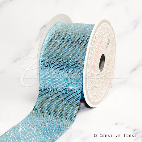 2" Glitter Mini Honeycomb Sequins Ribbon-10 Yds (Blue)