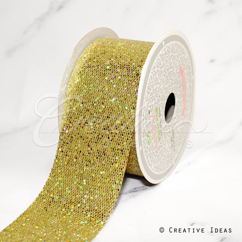 2" Glitter Mini Honeycomb Sequins Ribbon-10 Yds (Gold)