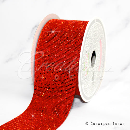 2" Glitter Mini Honeycomb Sequins Ribbon-10 Yds (Red)