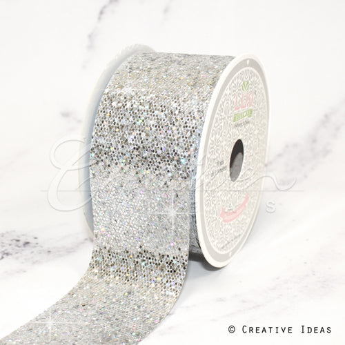 2" Glitter Mini Honeycomb Sequins Ribbon-10 Yds (Silver)