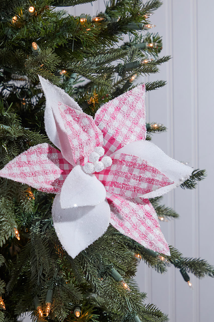 19" x 12" Pink & White Checkered Poinsettia Pick