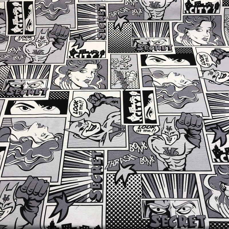 ArtCo Superhero Bonk Cotton Fabric - Black, White, Gray Comic Print, 54" Width (1 Yard)
