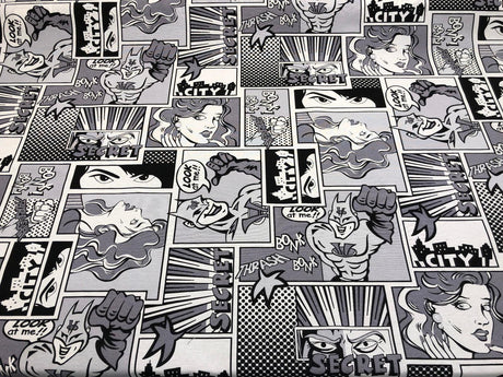 ArtCo Superhero Bonk Cotton Fabric - Black, White, Gray Comic Print, 54" Width (1 Yard)