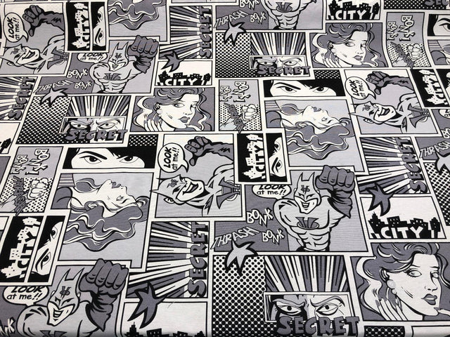 ArtCo Superhero Bonk Cotton Fabric - Black, White, Gray Comic Print, 54" Width (1 Yard)