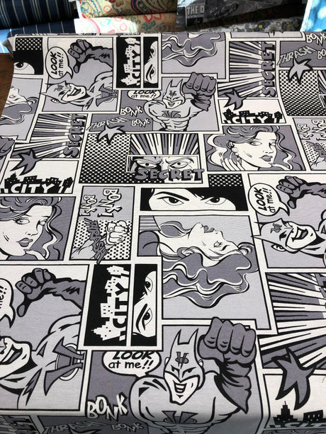ArtCo Superhero Bonk Cotton Fabric - Black, White, Gray Comic Print, 54" Width (1 Yard)