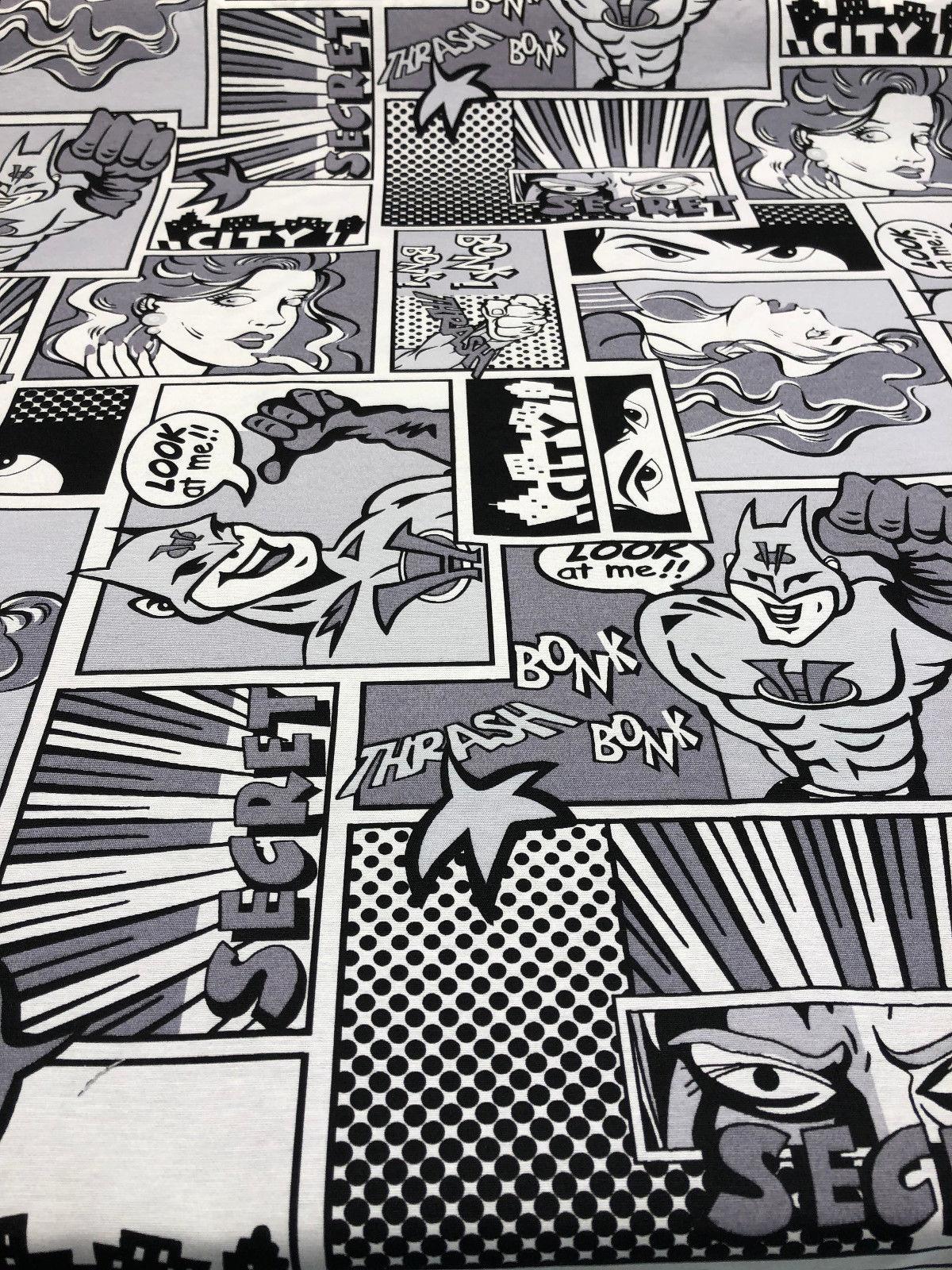 ArtCo Superhero Bonk Cotton Fabric - Black, White, Gray Comic Print, 54" Width (1 Yard)