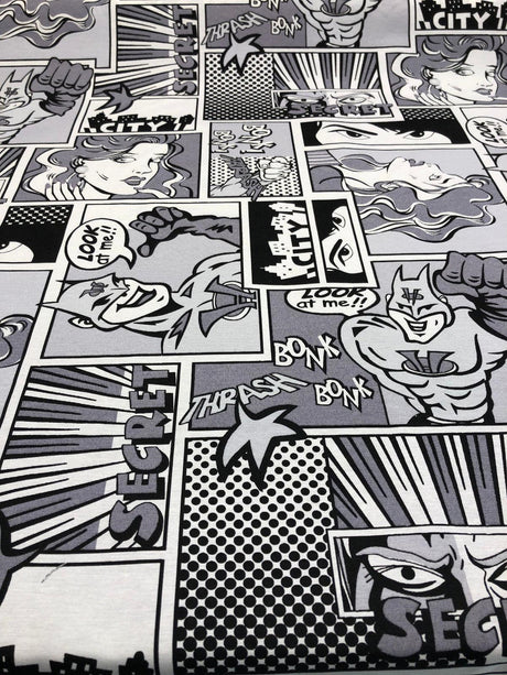 ArtCo Superhero Bonk Cotton Fabric - Black, White, Gray Comic Print, 54" Width (1 Yard)