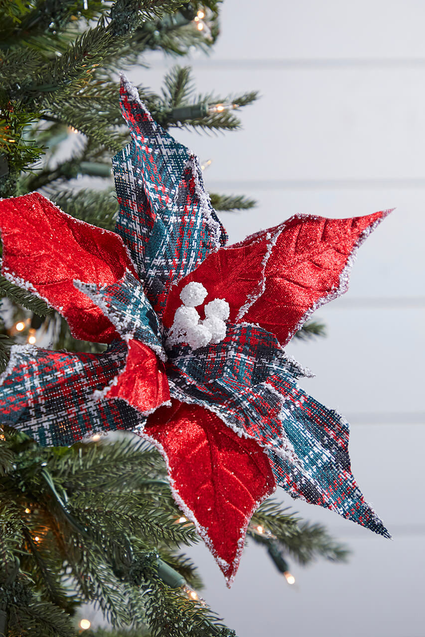 Red Plaid Poinsettia Pick 19 Inch Farmhouse Christmas Decor