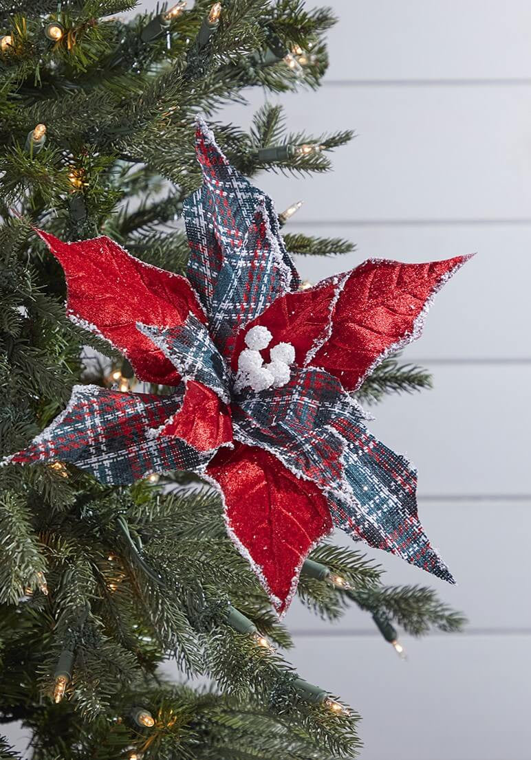 Red Plaid Poinsettia Pick 19 Inch Farmhouse Christmas Decor
