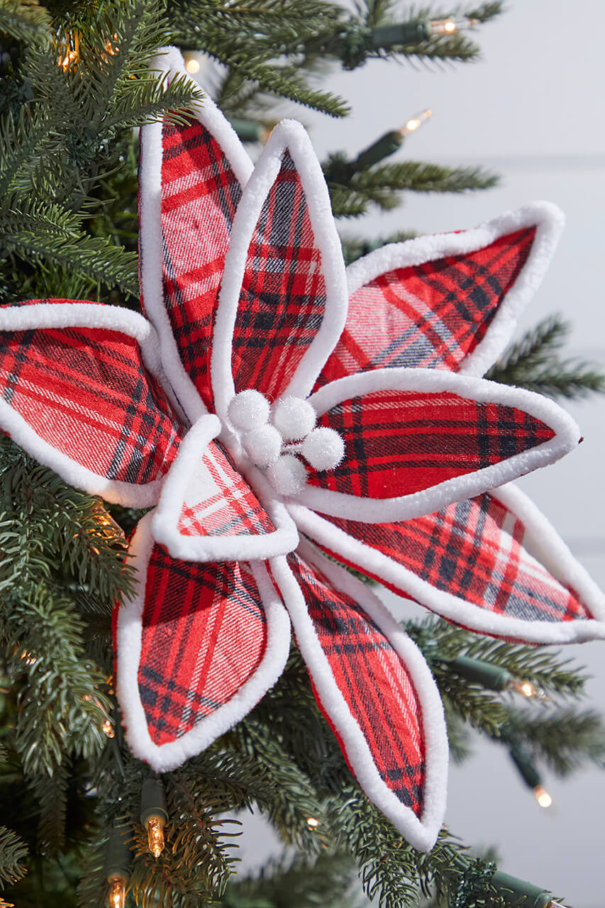 Red White Black Plaid Poinsettia Pick 19 Inch Christmas Decor