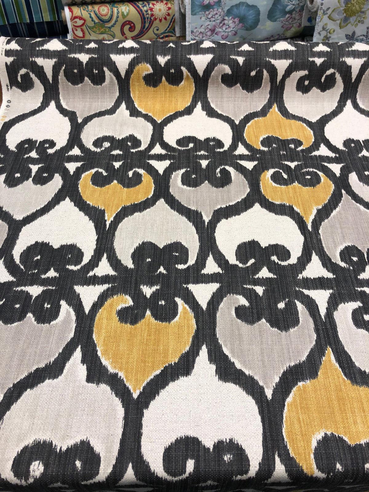 Rejas Linen Upholstery Fabric - Yellow Gray Geometric Pattern, 56" Width (By The Yard)