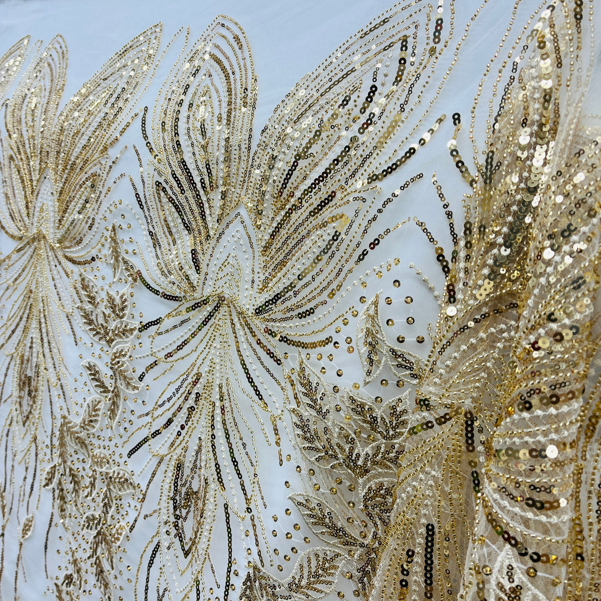 Beaded Sequined Lace Fabric Leaf Vine Design
