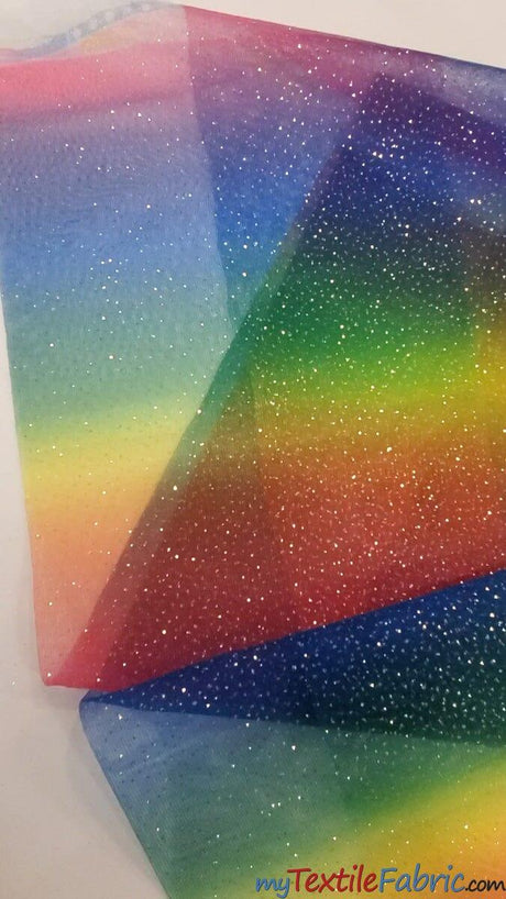 Rainbow Tulle Glitter Polyester Fabric - Multi Color Horizontal Rainbow Glitter, 60" Width (Yards)