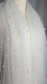 1 Yard White Pearl Mesh Lace Fabric Bridal Wedding Dress Sequin Beaded French Tulle 150cm