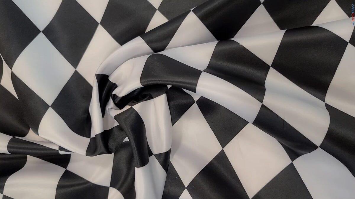 Harlequin Lamour Satin Polyester Fabric - Black White Harlequin Diamond Rhombus Print, 58/60" Width (Yards)