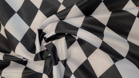 Harlequin Lamour Satin Polyester Fabric - Black White Harlequin Diamond Rhombus Print, 58/60" Width (Yards)