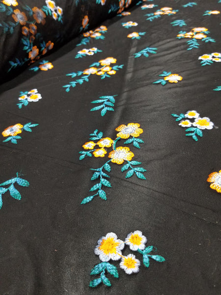 1 yarda de tela de encaje de malla negra bordada con flores naranja y azul para vestidos de gala y decoración, ancho de 54 pulgadas