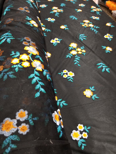 1 yarda de tela de encaje de malla negra bordada con flores naranja y azul para vestidos de gala y decoración, ancho de 54 pulgadas