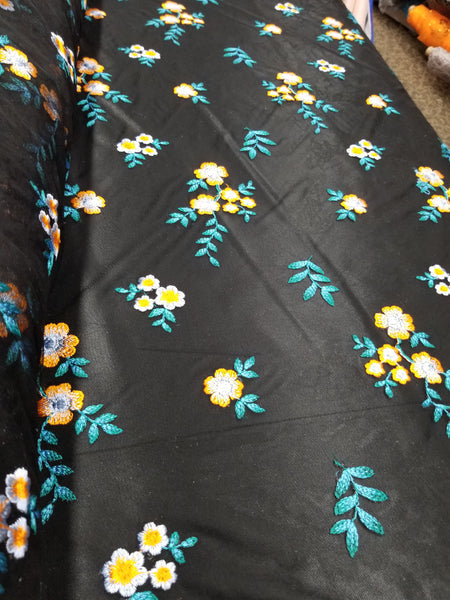 1 yarda de tela de encaje de malla negra bordada con flores naranja y azul para vestidos de gala y decoración, ancho de 54 pulgadas