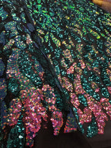 1 Yard Teal Multicolor Full Sequins Embroidered Lace Fabric on Black Tulle 50/52 Inch Width