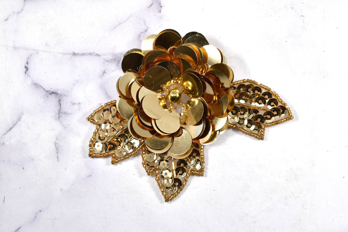 Sequin Flower Applique Pin Gold 5 x 4