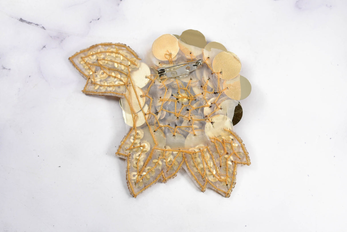 Sequin Flower Applique Pin Gold 5 x 4