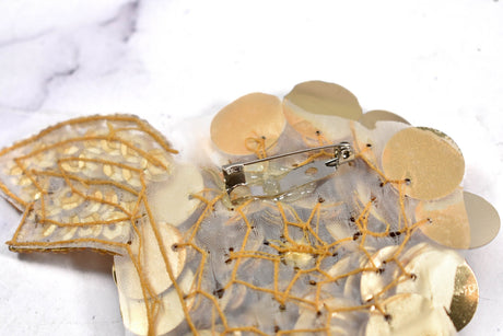 Sequin Flower Applique Pin Gold 5 x 4