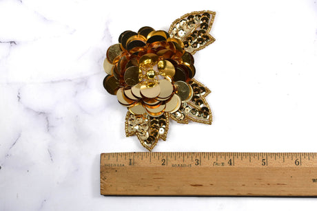 Sequin Flower Applique Pin Gold 5 x 4