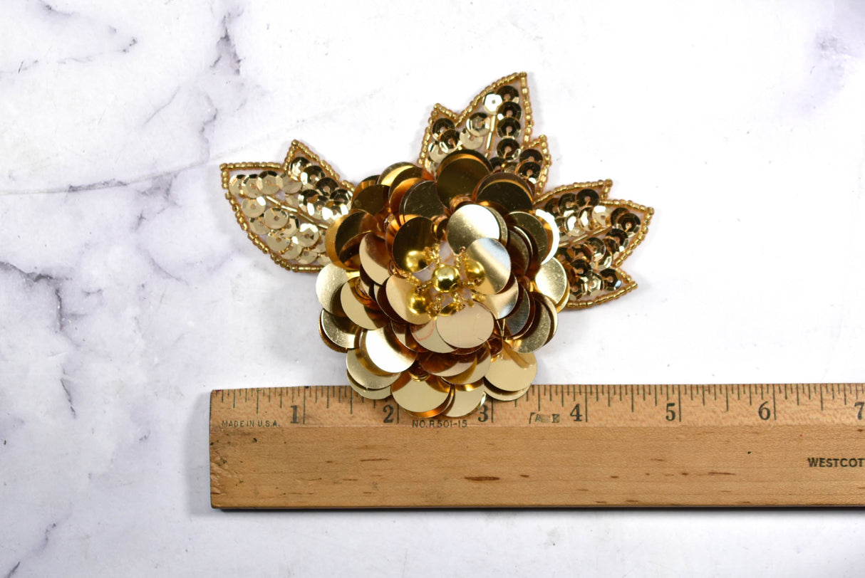 Sequin Flower Applique Pin Gold 5 x 4