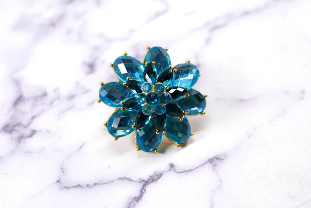 Rhinestone Brooch Blue Floral Pin-On
